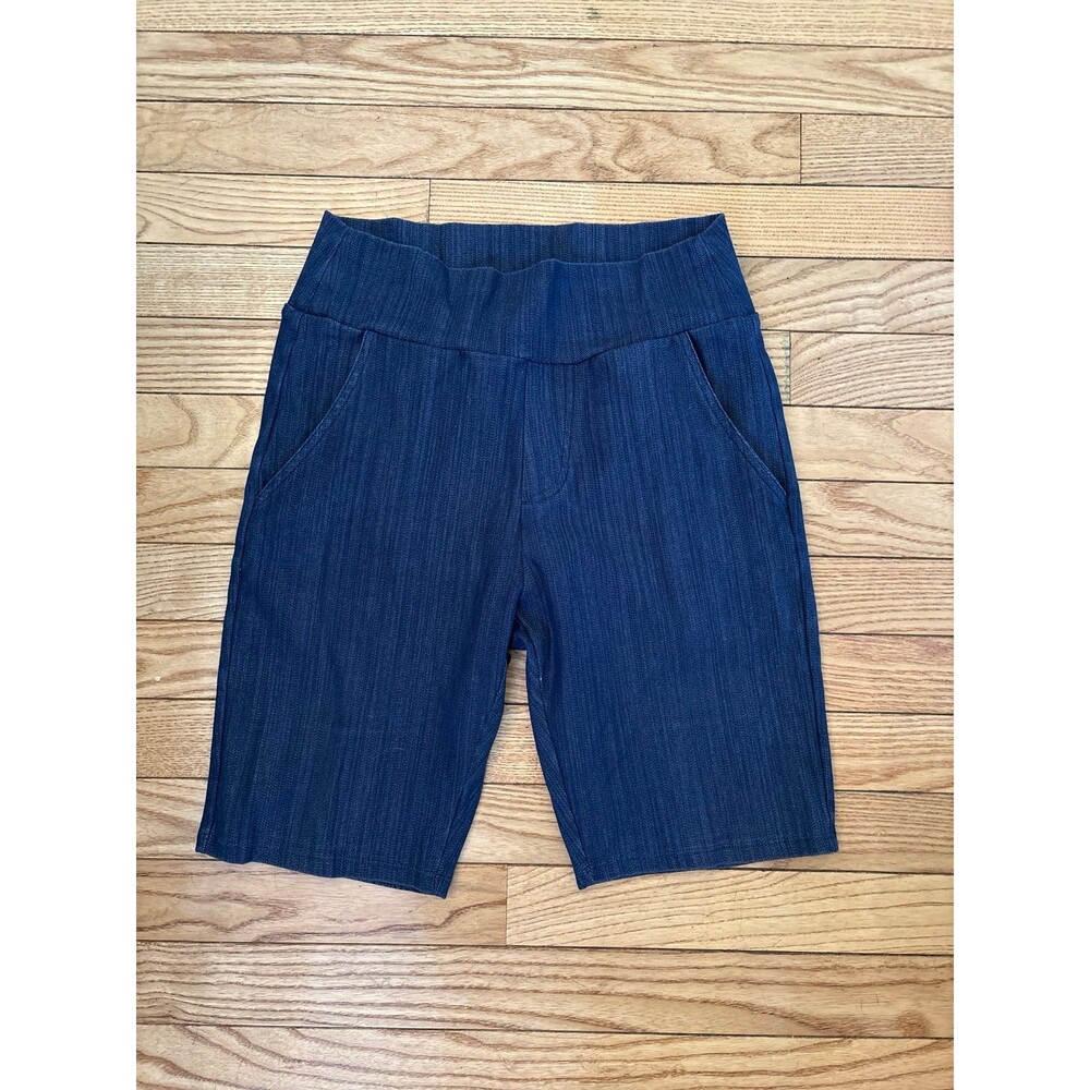 Women's midi shorts stretchy denim pockets yoga band medium wash elastic basic